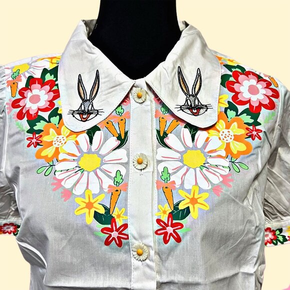 Looney Tunes x Unique Vintage Bugs Bunny Blouse Button Up Embroidered Floral Top - Picture 5 of 12